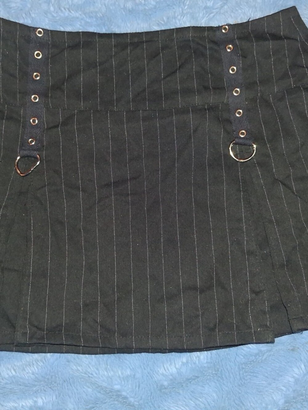 Black Pinstripe Y2K Mini Skirt with Grommet & D-Ring Detail